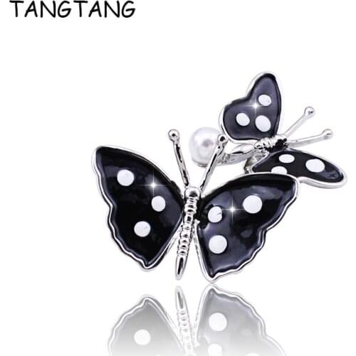 Small Brooch Cute Graceful Black Enamel Double Butterflies Brooch Pins Charming Fashionable Girls' Jewelry Gift , Item : FB229