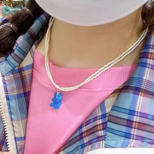 Cute Colorful Gummy Bear Pendant Small Pearl Bead chain Choker Necklace for Women Girls Neck Chain Korean Fashion Pearl Collars