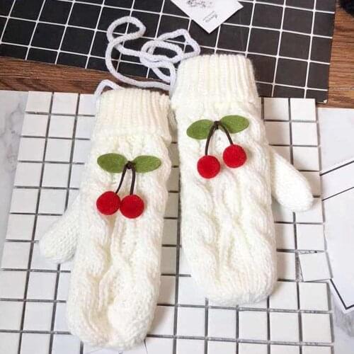 Lovely Cherry Knitted Halter Gloves Soft Thick Warm Adult Women Mittens Kawaii Gloves Fashion Solid Color Gloves Winter Outdoor