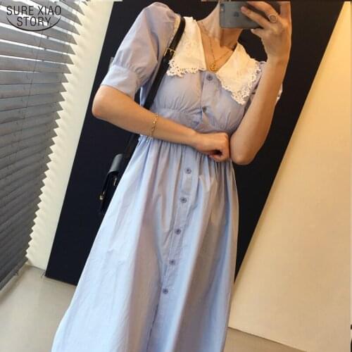 Fashion Party Dress 2021 Summer Dress Women Short Sleeve with Belt Lace Loose High Waist Female Single Breasted Dresses 14072