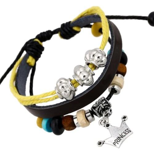 Fashion Cute Princess Crown Women Girl Bracelet Multilayer Vintage Leather Beads Charm Wrap Bangle Adjustable Wristbands Jewelry