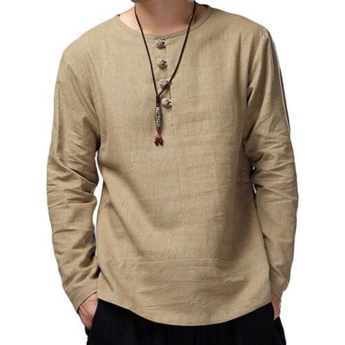 Men Casual Solid Color Long Sleeve O Neck Buttons Cotton Loose Pullover Shirt skin-friendly Comfortable to wear for Daily Life