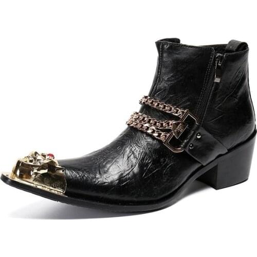 British Black Men Ankle Boots Winter Plus Size Square Toe Party Shoes Real Leather Boots Cowboy Motorcycle Zipper Short Boots