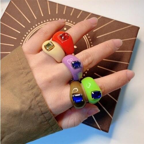 5 Pcs New Transparent Resin Acrylic Rhinestone Colourful Geometric Square Round Rings Set for Women Jewelry Party Gifts