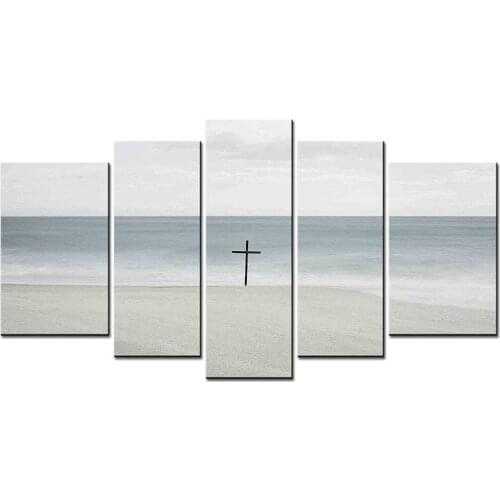 Natural Landscape Series Home Decor Artwork Wooden Cross Standing on the Clear White Beach Wall Art For Home Decor Drop shipping