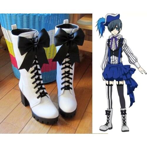 New Anime Black Butler Ciel Phantomhive Circus Cosplay Boots Lace-up High Heels Cosplay Shoes for Women/Men White Size 35-43