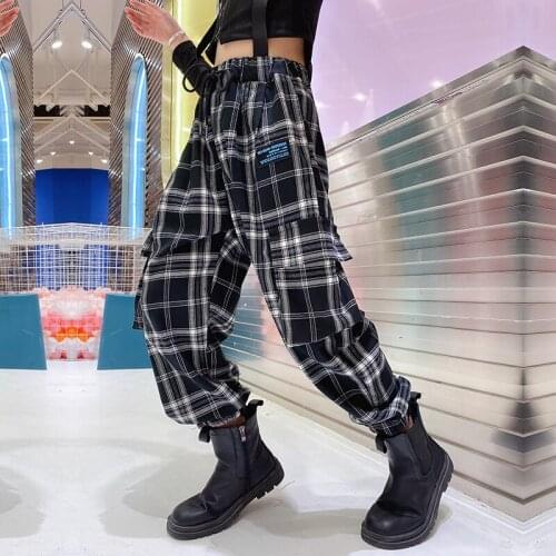 Autumn Girls Pants Cotton Plaid Cargo pants High Waist Side Pockets Casual Sweatpants Kids Joggers Harem Pants Children Clothes