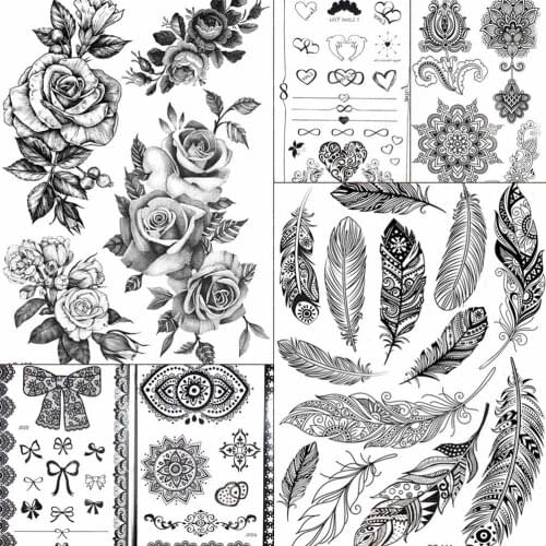 Water Transfer Women Black Chest Feather Tattoos Stickers Girls India Floral Temporary Tato Fake Sketch Arm Lace Tattoo Supplies