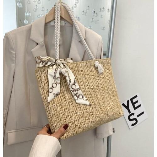 Summer Straw Beach Open Pocket Bags For Women 2021 Large Capacity Tote Bags Rattan Woven Handbags Female Silk Scarf Bohemia Bag