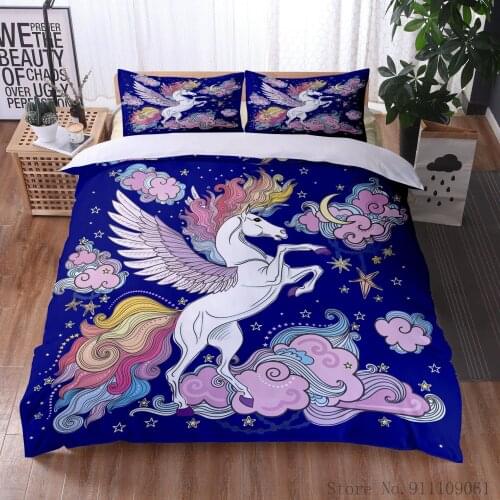 Rainbow Unicorn Flying Horse 3D Printed Bedding Duvet Cover Pillowcase Cartoon Animal Bedroom Decorative Home Textile Supplies