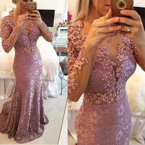 Pink Muslim Evening Dresses Mermaid Long Sleeves Appliques Lace Pearls Dubai Saudi Arabia Long Prom Dress Gown