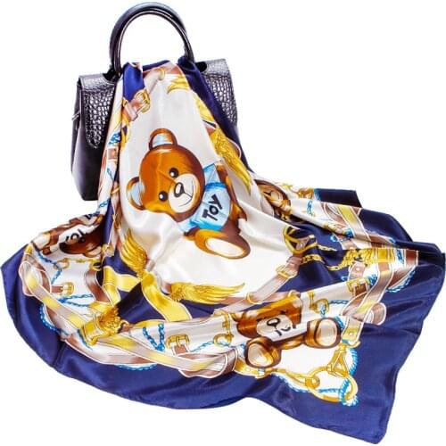 Bear Printed Silk Scarf Women 2021 Spring New Imitation Silk Satin Satin Square Scarf Scarf Turban Shawl Wholesale