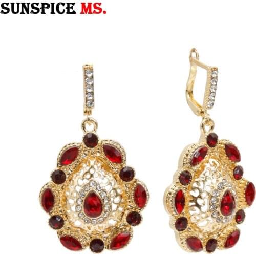 SUNSPICE MS Morocco Women Wedding Jewelry Gold Dangle Earring Full Crystal Red Green Blue Indian Bridal Bijoux Gift Wholesale