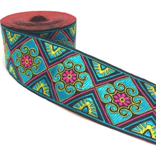 ZERZEEMOOY 2 inch 5cm 8yard/lot High Quality Woven Jacquard Ribbon Black Background Blue Flowers Pattern Straps And Belt Lace