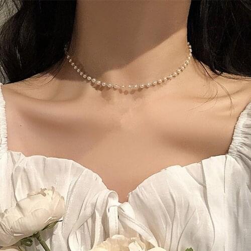 New Beads Womens Neck Chain Kpop Pearl Choker Necklace Gold Color Goth Chocker Jewelry On The Neck Pendant 2021 Collar For Girl