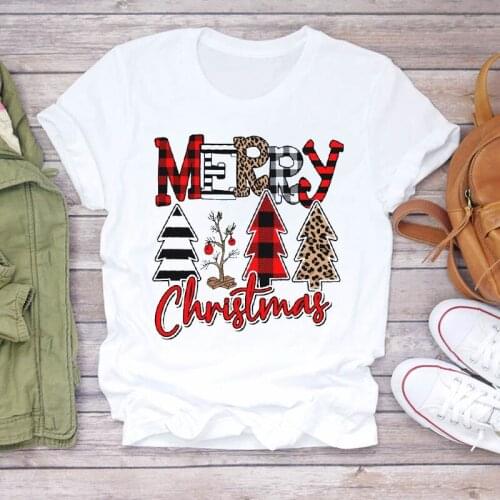Women Leopard Plaid Tree New Year Winter Season Cute Merry Christmas Print Tshirts Top T Shirt Ladies Graphic Female Tee T-Shirt