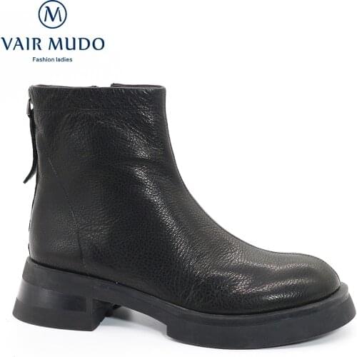 VAIR MUDO Ankle Boots Shoes Women Genuine Leather Thick Bottom Waterproof Platform Female Low Heels Wool Fur Warm Winter DX153