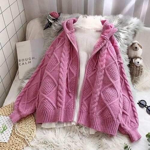 Twisted Hooded Knitted Women Sweater Cardigan Batwing Sleeved Solid Thicken Warm Winter New Female Outwear Coats Tops