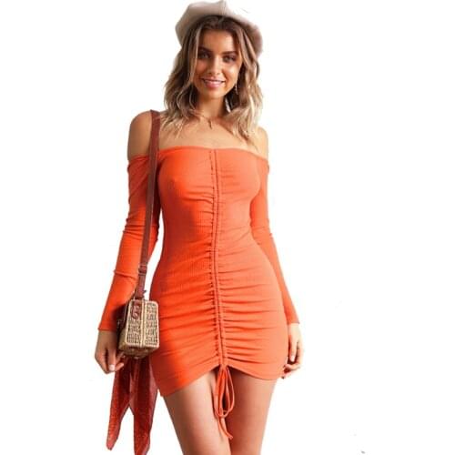 High Waist Ribbed Elastic Mini Dresses For Women Sexy Ruched Drawstring Bodycon Dress Long Sleeve Vestidos Adjustable Length