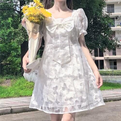 Japanese Sweet lolita dress Collar Bow Stitching Lantern Sleeve Mesh High Waist Immortal Dress for Women Summer tea party