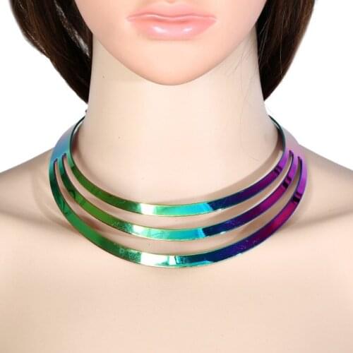 Rainbow Matellic Triple Curved Lines Hollowed Women`s Metal Choker Necklace