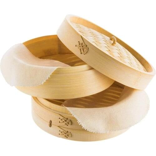2 Tier 8-Inch Bamboo Steamer Fish Rice Vegetable Snack Steamer Basket Set Kitchen Cooking Tools Dumpling Steamer Steam Pot