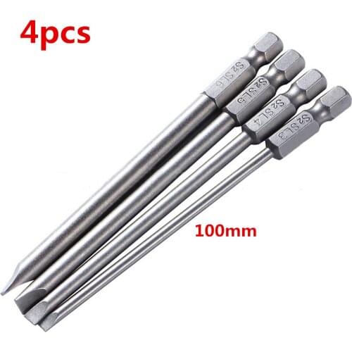 4pcs 100mm S2 Alloy Steel Slotted Screwdriver Bit Set 3mm-6mm Magnetic Flat Head Slotted Tip Nozzles for Screwdrivers Bits Tips