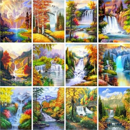 Huacan Diamond Art Painting Mosaic Waterfall Autumn Scenery Home Decor Diamond Embroidery Mountain Landscape Wall Stickers