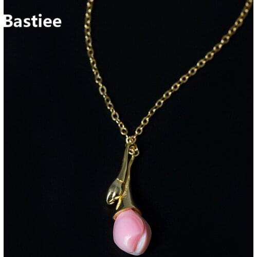 Bastiee Gold Plated Necklace Pendant Magnolia Flower Pink Shell Sterling Silver 925 Jewelry For Women Link Chain Chinese Vintage