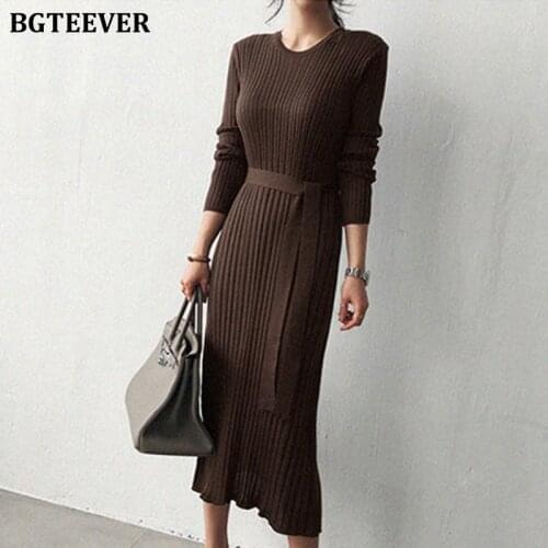 BGTEEVER Elegant Women Stretched Knitted Pullover Dress O-neck Belted Female Sweater Dress Midi Vestidos 2020 Autumn Winter