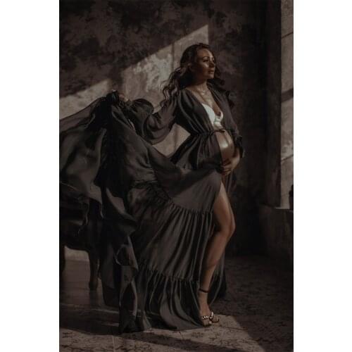 Black Chiffon Maternity Dress Photo Shoot Props Maternity Photography Gown Kimono Women Evening Prom Robe Bathrobe Sleepware