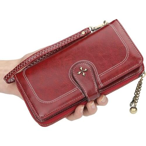 Baellerry Wristband Hasp Long Wallet For Women Large Capacity Vintage Leather Card Houlder Phone Pocket Ladies Clutch Coin Purse