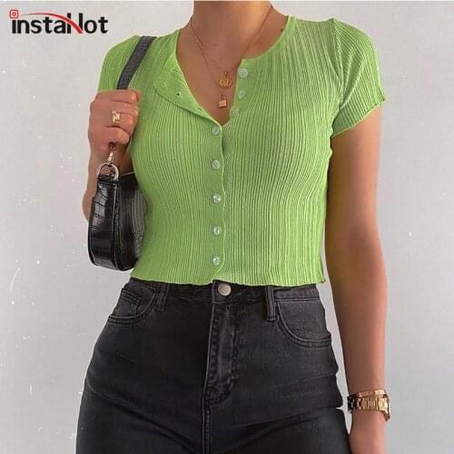 InstaHot O neck Short Sleeve T shirt Rib Knit 5 Colors Slim Casual Vintage Sweet t shirt Female Streetwear Cropped Tops Summer