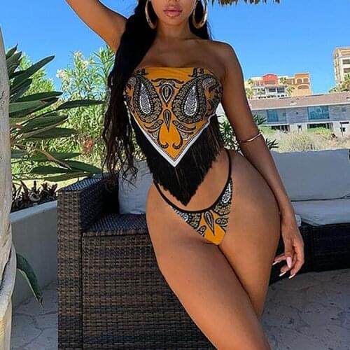 Two-Piece Suit Sexy Bikini Brazilian Bandeau Swimwear Women Sexy Thong Bikini Swimsuit Tassel Fringe Bathing Suit New Swim Wear