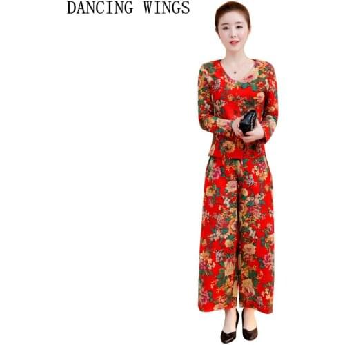 Summer womens floral print two pieces suits long sleeve linen cotton blouse + loose wide leg pants casual clothing sets