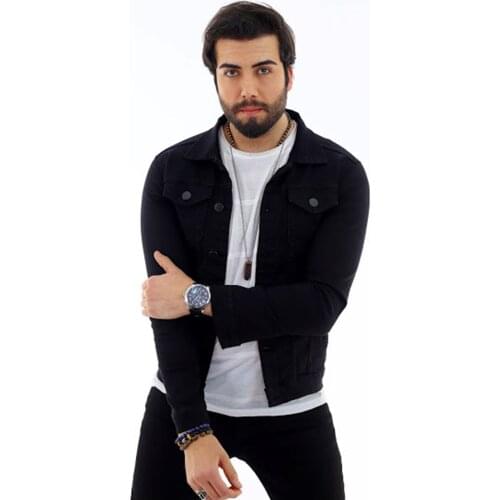 Mens Lycra Black Denim Jacket 2021 Trend Bomber Jackets Slim Fit Pocket Buttoned Casual Flexible Outerwear Young Style