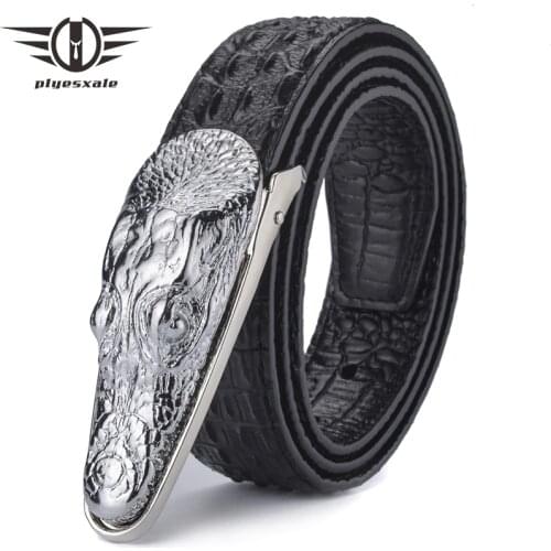 Plyesxale Leather Belt Men 2018 Luxury Crocodile Belts Men Gold Silver Bronze Metal Buckle High Quality Brand Designer Belts B8