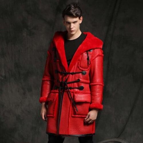 New Mens Shearling Jacket Hunting Fur Overcoat Black Leather Outerwear Long Winter Coat