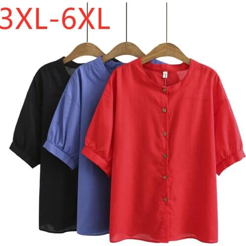 New 2021 Ladies Summer Plus Size Tops For Women Large Blouse Short Sleeve Casual Cotton Linen Red O-neck Shirt 3XL 4XL 5XL 6XL