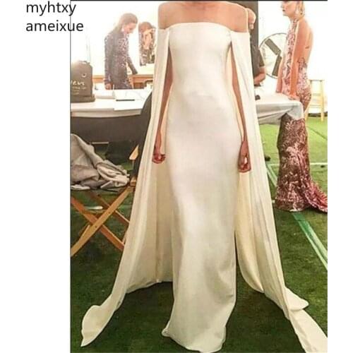 New Sexy Sheath Plus Size Evening Dresses 2020 With Cape Satin Strapless Off Shoulder Floor Length Formal Fashion Design Party