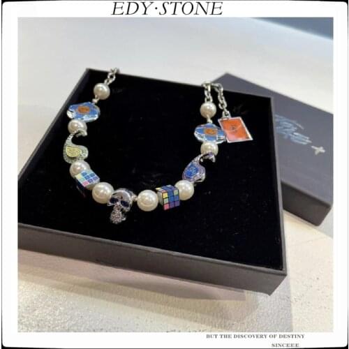 EDY 2021 New Trend Luxurious Brand Hip Hop Cross Petal Smiley Cashew Flower Smiley Pearl Necklace For Men Women Girls Jewelry