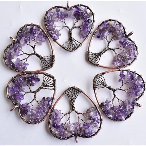 Wholesale 6pcs/lot natural stone amethysts heart-shaped life tree ancient copper wire wrapped pendant 50mm for jewelry marking