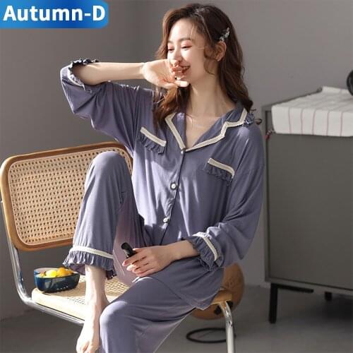 Autumn-D Pajama Sets Spring Fashion Simplicity Modal Fabric Leisure Wear For Woman Sleepwear Homewear Lapel Long Sleeve Trousers