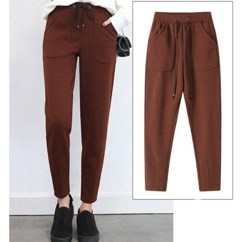 Autumn Casual Sports Pants Women Plus Velvet Warm Sports Sweatpants Solid Color Drawstring Elastic Waist Black Trousers