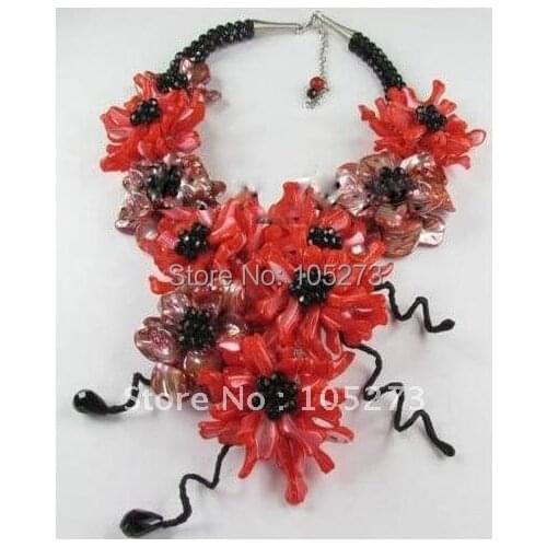 Natural Red Shell Pearl + Crystal Flower Fashion Necklace For Wedding Party Luck Jewelry Wholesale New Free Shipping FN1033A