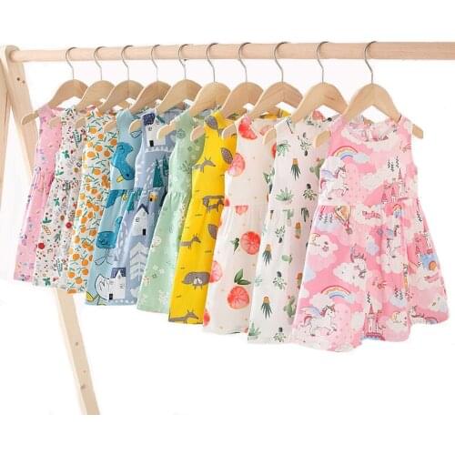 Pure Cotton Cartoon Baby Girls Dress 1-5 Years Old Summer Lovely Casual Kids Dresses Toddler Home Comfort Childrens Clothes