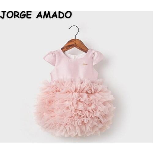 2021 New Spring Summer Girls Cake TUTU Dress Short Sleeve Pink Bow Party Piano Show Flower Girl Dresses for Weddings E1003