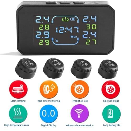 S04 TPMS LCD Solar Minivan Truck Trailer Tire Pressure Tyre Temperature Monitoring Alarm System with 4 External Sensors