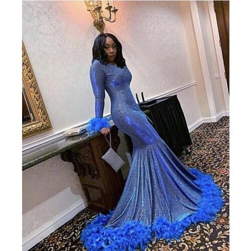 Blue Aso Ebi South African Evening Dresses Mermaid Long Sleeves Sequins Feather Nigeria Saudi Arabic Evening Gown Prom Dress