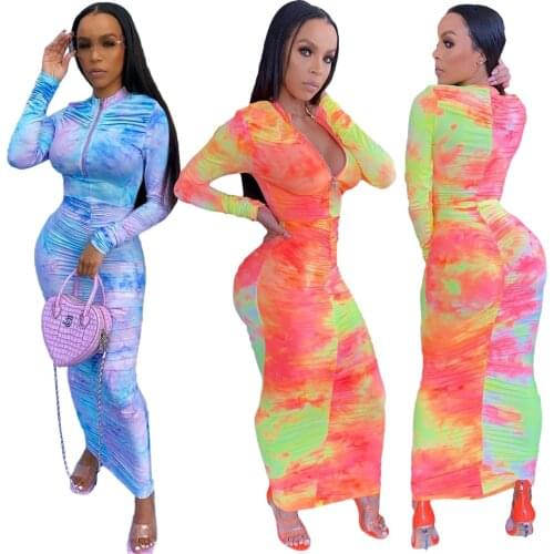 Somoshein S-XL autumn women dress sexy casual slim Gradient pleated zipper collar long sleeve dresses Wholesale Dropshopping